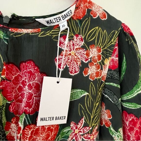Walter Baker Wanita Rain Forest Green Floral Puff Sleeve Midi Dress Size XL NWT - Picture 12 of 12